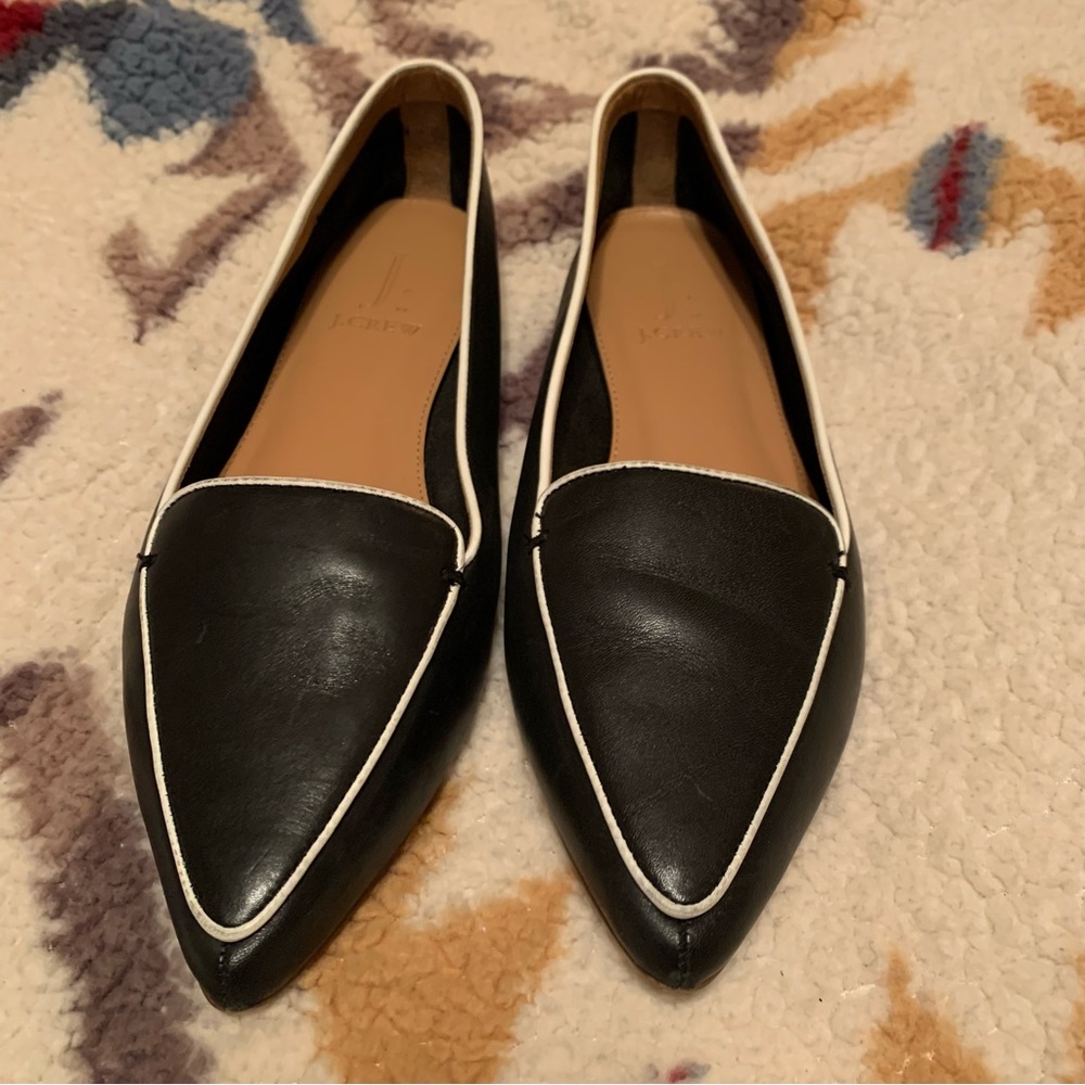 J Crew black and white leather loafer flats EUC